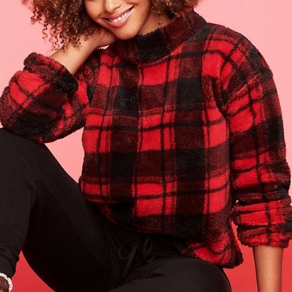 2X Buffalo Check Plaid Sherpa Pullover Mock Neck M